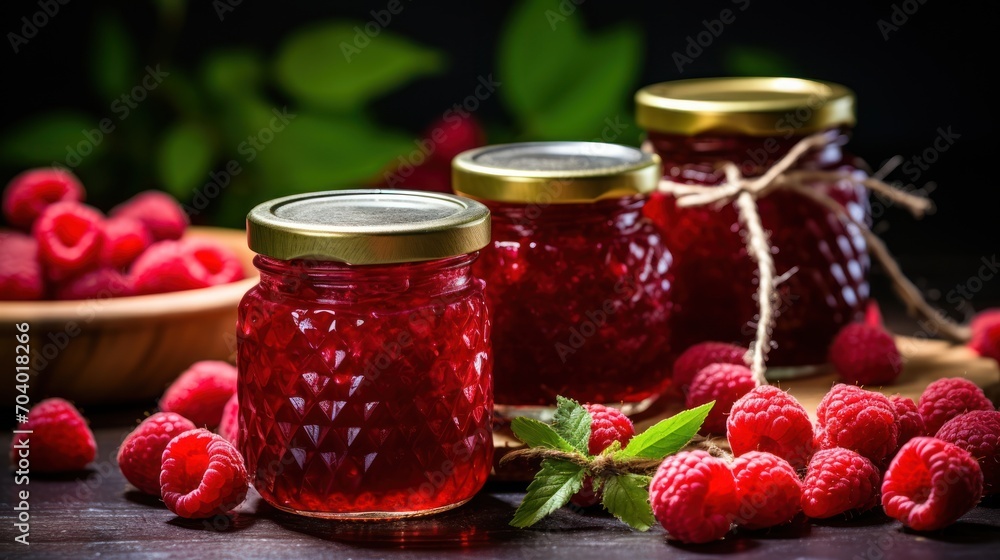 raspberry jam in a glass jar surrounded by raspberries and a bowl of raspberries on a dark wooden table with green leaves in the background. raspberry jam in a glass jar surrounded by raspberries and a bowl of raspberries on a dark wooden table with green leaves in the background.