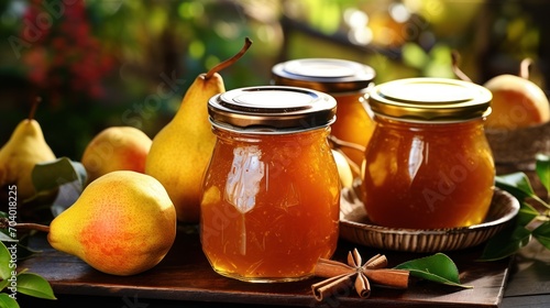  three jars of apple cider sit on a table with pears and a star anise on the table next to it is a basket of apples and pears.