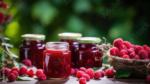 several jars of raspberry jam on a table with fresh raspberries in the foreground and a basket of fresh raspberries in the foreground.