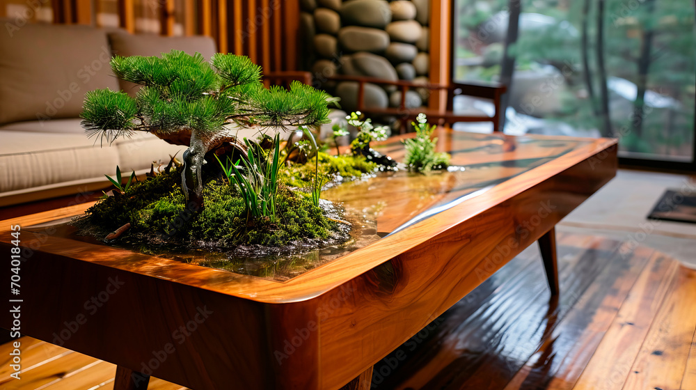 stylish wooden table with a bonsai tree growing in the center