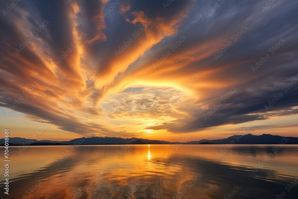  a large body of water with a sky filled with clouds and a sun setting in the middle of the sky with mountains in the distance and a body of water in the foreground.