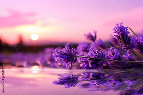  a close up of a bunch of flowers near a body of water with the sun setting in the distance in the middle of the picture and a blurry background.