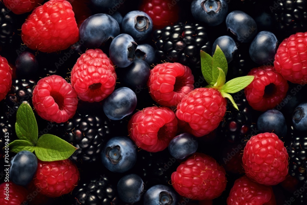 raspberries, blueberries, and raspberries with green leaves on a black background with blackberries and raspberries on the bottom of the image. raspberries, blueberries, and raspberries with green leaves on a black background with blackberries and raspberries on the bottom of the image.