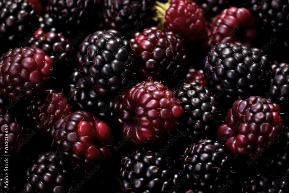 a pile of black raspberries sitting on top of a pile of red raspberries on top of a pile of black raspberries on top of black raspberries. a pile of black raspberries sitting on top of a pile of red raspberries on top of a pile of black raspberries on top of black raspberries.