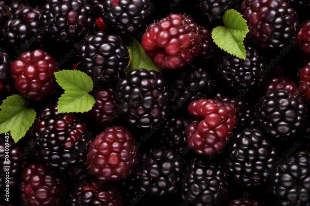 a pile of blackberries and raspberries with a green leaf on top of one of the blackberries is red and the other is black with green leaves. a pile of blackberries and raspberries with a green leaf on top of one of the blackberries is red and the other is black with green leaves.