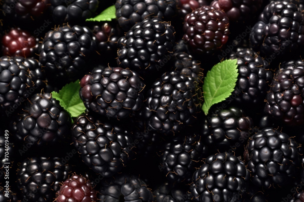 a close up of a bunch of blackberries with a green leaf on the top of one of the blackberries on the other side of the blackberries is a dark color. a close up of a bunch of blackberries with a green leaf on the top of one of the blackberries on the other side of the blackberries is a dark color.