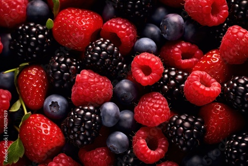  berries, raspberries, and blueberries are arranged in a close - up image with a green leaf on top of one of the berries and the other berries.