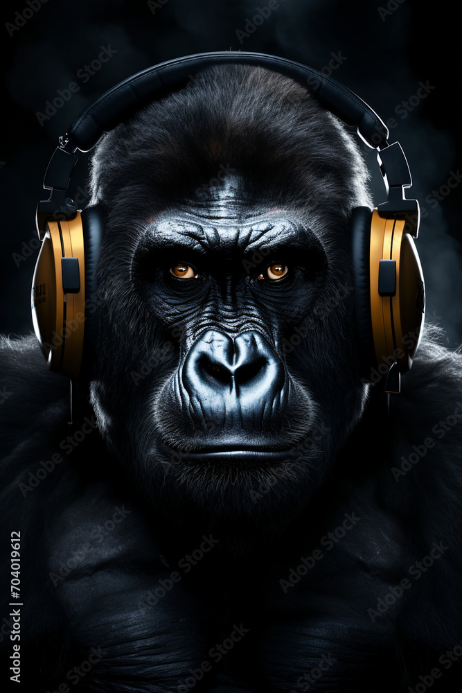 Gorilla with headphones on black background