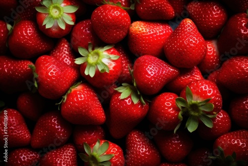  a close up of a bunch of strawberries with a green leaf on the top of one of the strawberries on the other side of the whole strawberries.