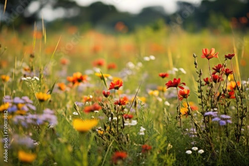  a field of wildflowers and other wildflowers in the foreground with trees in the background and a sky filled with clouds in the backgroud.