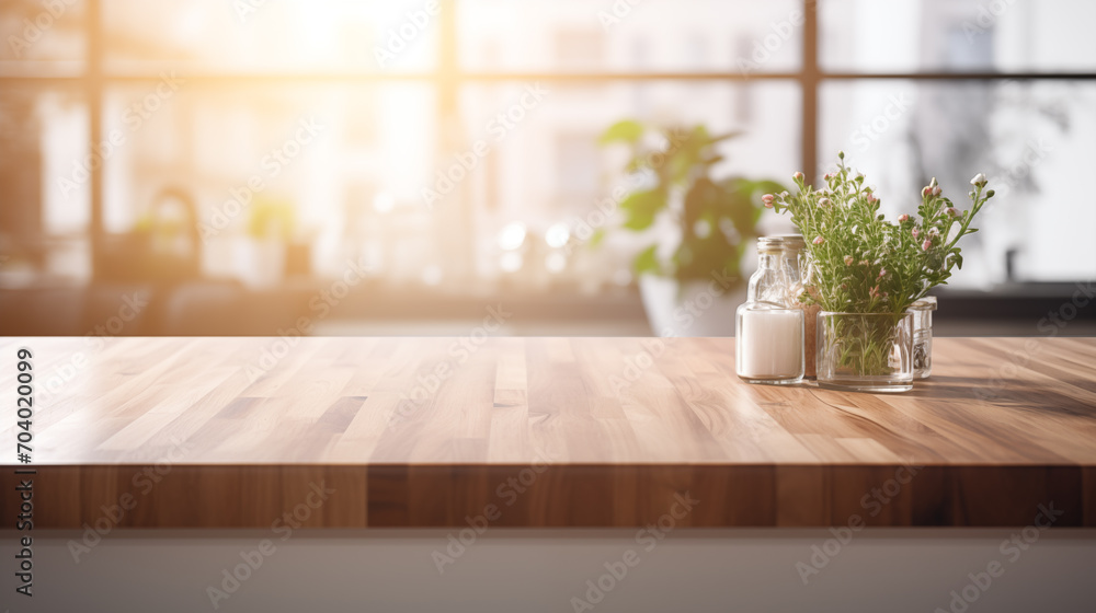 Empty wooden table top in the kitchen with kitchen utensil on the background, blurred background Empty wooden table top in the kitchen with kitchen utensil on the background, blurred background