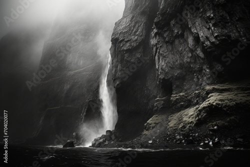  a black and white photo of a waterfall in the middle of a body of water with fog coming off the side of the waterfall and a cliff in the distance. photo