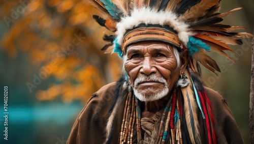 AI generated illustration of an elderly native American man wearing a traditional headdress