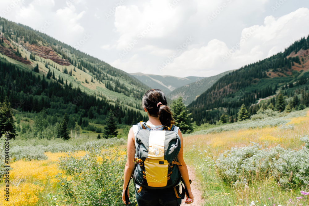 A traveller, an explorer walking in the mountains with a backpack