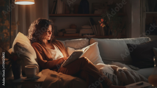 A young woman relaxes sit on a sofa, reading a book under the soft glow of a lamp in a cozy room, calm and comfortable lifestyle concept. photo