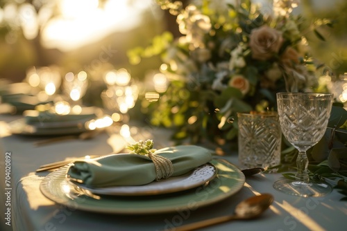  a table set for a formal dinner with a green napkin and a green napkin on top of a green plate and a green napkin with a flower arrangement on it.