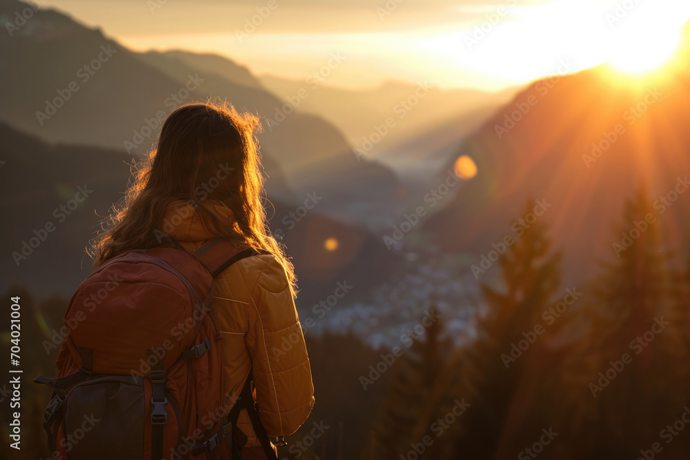 A traveller with a backpack against a backdrop of beautiful mountains, golden hour