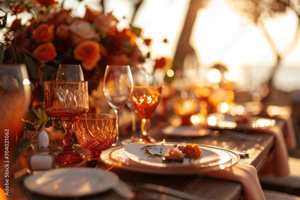  a close up of a plate of food on a table with glasses of wine and a vase with flowers in the background and a vase with orange flowers in the foreground.