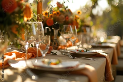  a close up of a table with a bunch of plates and glasses on it with a vase of flowers in the background and a vase with orange flowers in the middle of the table.