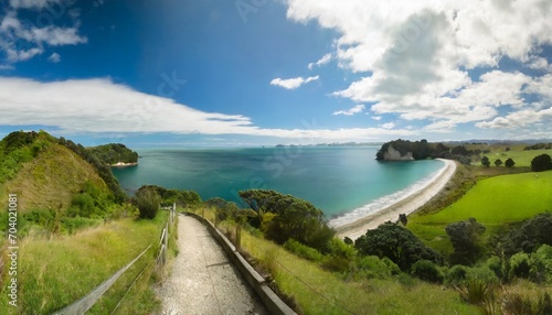 coastline of coromandel peninsula with footpath to cathedral cove new zealand photo