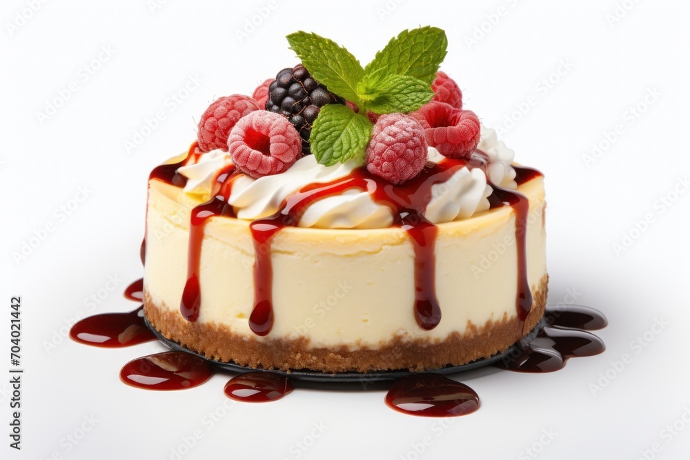 a cheesecake with raspberries, whipped cream, and chocolate sauce on a white background with a leaf of raspberries on top of the cheesecake. a cheesecake with raspberries, whipped cream, and chocolate sauce on a white background with a leaf of raspberries on top of the cheesecake.