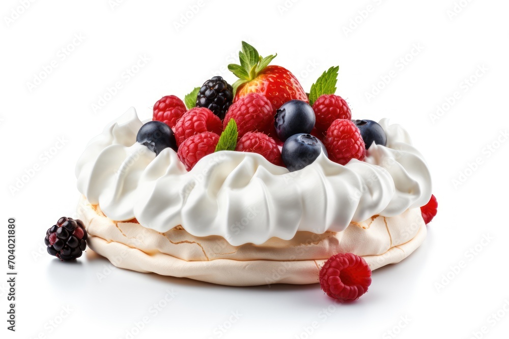 a cake with whipped cream, raspberries, blueberries, and raspberries on top of it with a green leaf on the top of the cake. a cake with whipped cream, raspberries, blueberries, and raspberries on top of it with a green leaf on the top of the cake.