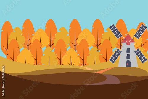 Vector image of trees and a mill. With fields of wheat.