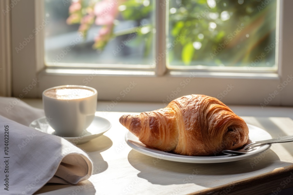 a croissant sitting on a plate next to a cup of coffee on a window sill with a cup of coffee on a saucer next to it. a croissant sitting on a plate next to a cup of coffee on a window sill with a cup of coffee on a saucer next to it.