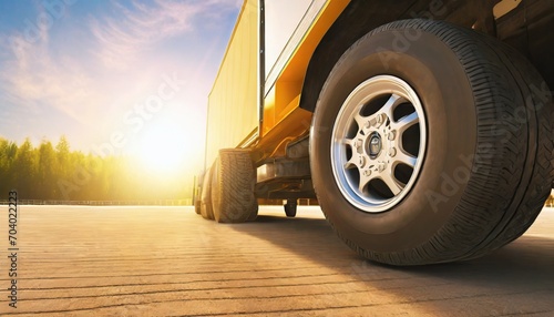 front truck wheels tires truck on the parking lot against the sunlight