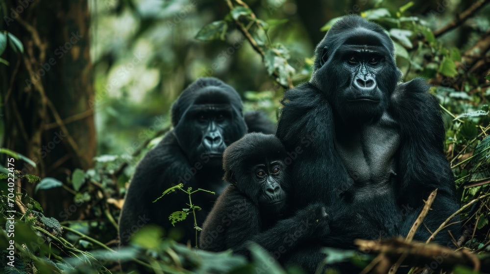Family of gorillas in the morning forest