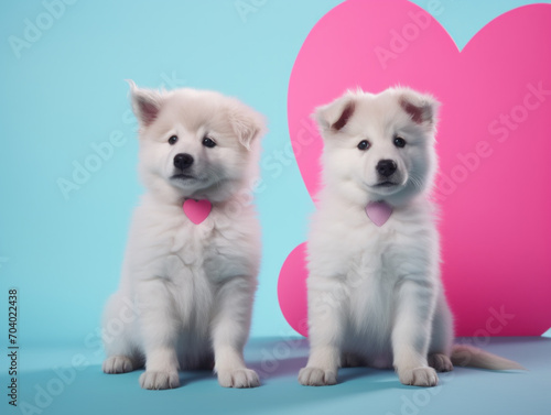 Fluffy white puppies with pink heart tags on a love-themed backdrop. © SERHII