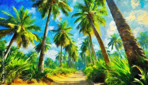 digital oil painting of palm trees in the tropics on a sunny day printable square artwork impasto