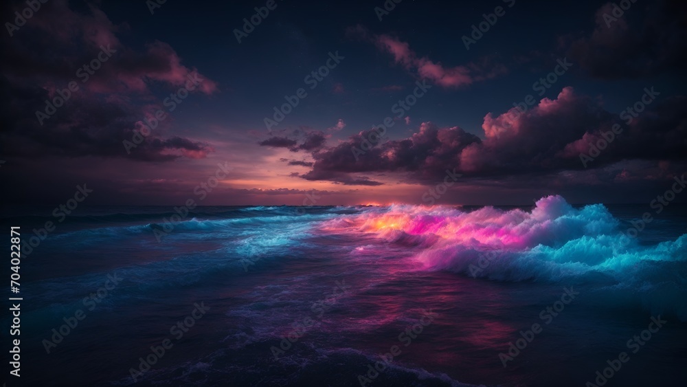 Beautiful picture (wallpaper) of clouds, sky and sea waves with neon lights Beautiful picture (wallpaper) of clouds, sky and sea waves with neon lights
