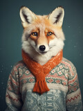 A charming fox wearing a cozy sweater and orange scarf, surrounded by snowflakes.