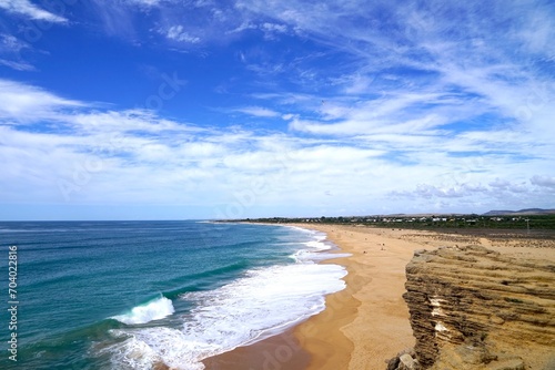 view from the Faro de Trafalgar lighthouse along the beach towards Zahora  Playa de las Plumas  Vejer de la Frontera  Costa de la Luz  Andalusia  Spain