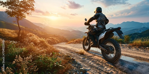 A skilled motorbike rider in complete gear riding an enduro bike on a mountain road at sunset with a 3D rendered background, representing the idea of fast-paced motocross as a recreational activity.