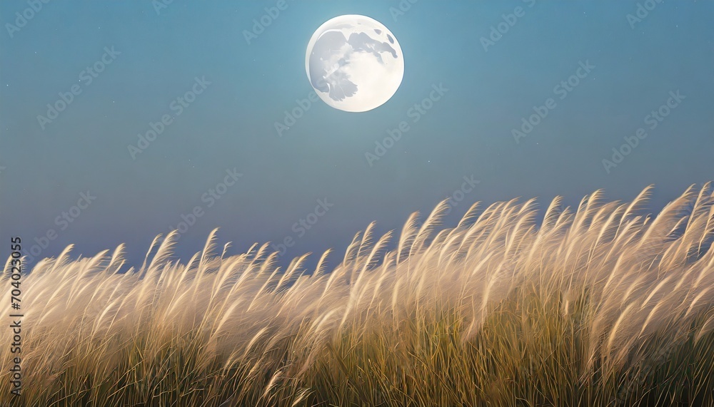 silver grass and the moon full moon moon viewing generative ai - obrazy, fototapety, plakaty 