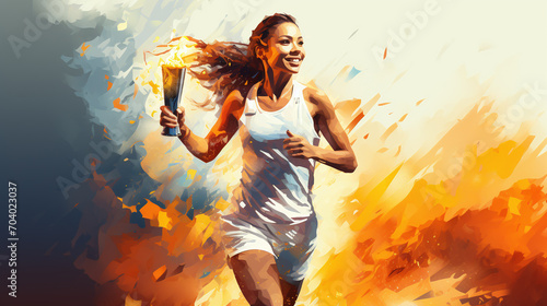 female athlete carries the olympic torch in watercolor style