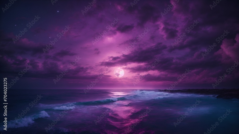 Beautiful wallpaper of the moon and sea waves with a purple theme