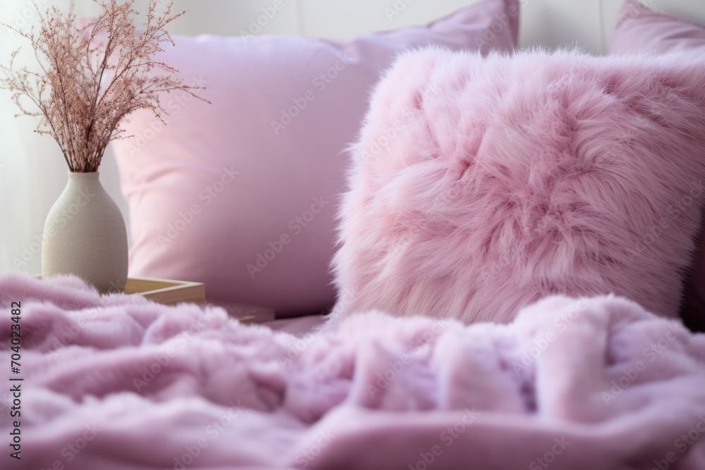  a close up of a bed with pillows and a vase with a plant in it and a pink blanket on the bed with a vase with a twig in the background.