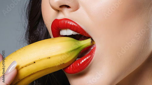 Closeup of beautiful young woman eating banana. Sexy girl with bright makeup and red lips.