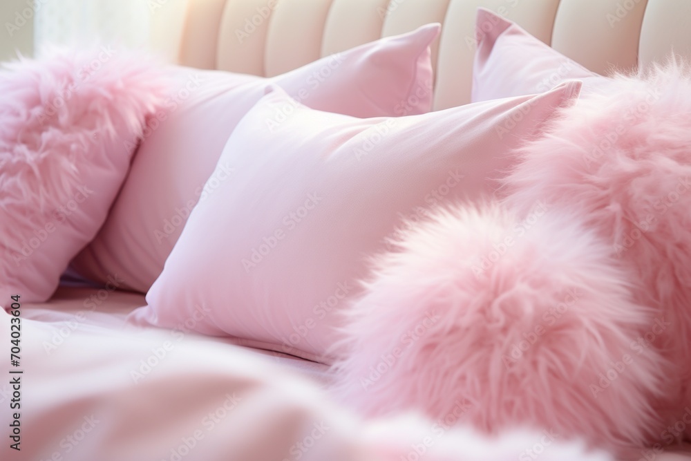 a close up of a bed with pink pillows and a white headboard with a white headboard and a white headboard with a white headboard and pink pillows and a white headboard. a close up of a bed with pink pillows and a white headboard with a white headboard and a white headboard with a white headboard and pink pillows and a white headboard.