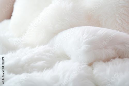  a white teddy bear laying on top of a white fur covered bed comforter next to a person's arm and a stuffed animal on top of the bed.