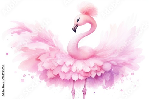  a pink flamingo in a tutu with feathers on it's head and legs, standing in front of a white background, with pink spots and bubbles.