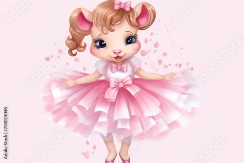  a little girl in a pink dress with a pink bow on her head and a pink bow on her head, standing in front of a pink background with splats.