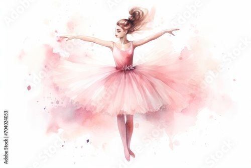  a watercolor painting of a ballerina dancer in a pink tutu skirt with her arms stretched out and her hand out to the side of the dancer's body.