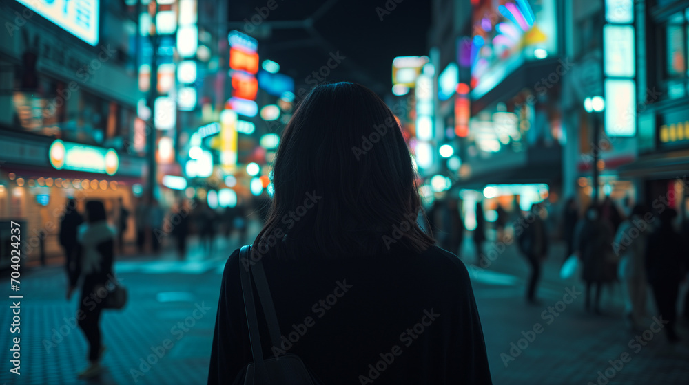 Woman walking at night in Tokyo