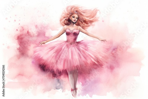  a watercolor painting of a woman in a pink dress with her hair blowing in the wind, in front of a pink and pink background of watercolor dust.