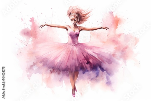  a watercolor painting of a ballerina dancer in a pink tutu skirt with her arms outstretched in front of a pink and purple splash of watercolor background.