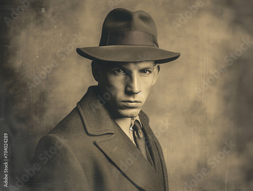 Portrait of gangster from the 1920s in suit with hat